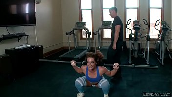 Master James Mogul whipping sexy brunette Savannah Fox while doing squats in gym then in dungeon making her fuck big dick of his assistant Tommy Pistol